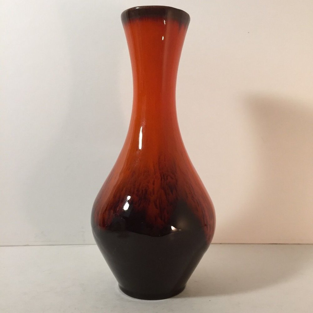 Bright Orange & Brown Canadian Pottery Vase Drip Glazed Marked Evangeline Ware ?